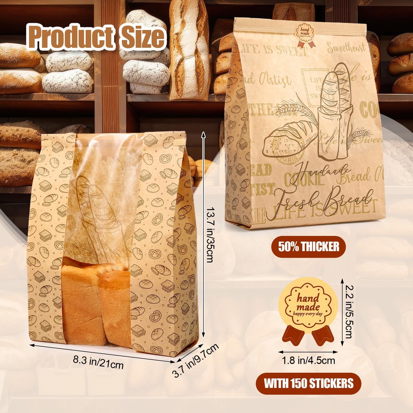 Feifeiya 150 Pack Kraft Paper Bread Bags for Homemade Sourdough Bread Bag with Clear Window 13.7 x 8.2 x 3.5 Large Bakery Packaging for Treat Storage Gift Giving with Seal Sticker