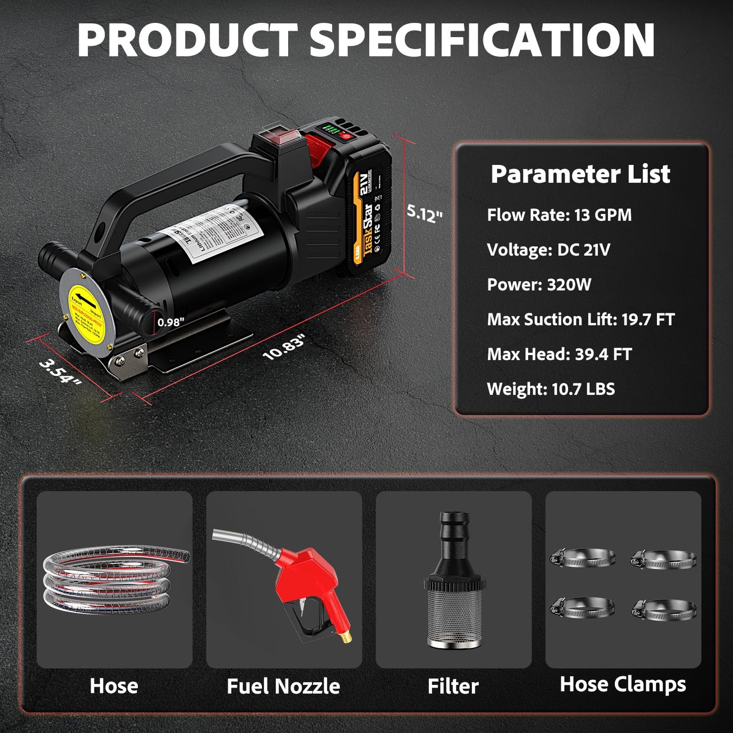 TaskStar Fuel Transfer Pump Battery Powered, 13GPM Electric Pump with 21V 4.0Ah Battery & Charger, Portable Cordless Pump with Auto-off Nozzle & 2x 6.6FT Hoses for Water Diesel Kerosene Transfer