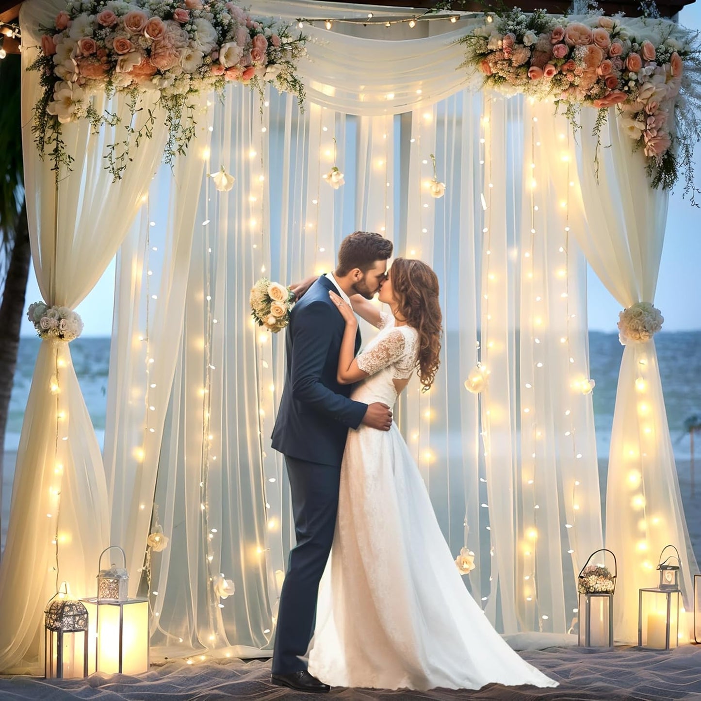 Suppromo 10ft 10ft x Ivory Tulle Photo Backdrop Curtain with Lights String for Parties Wedding Sheer Ivory Curtain