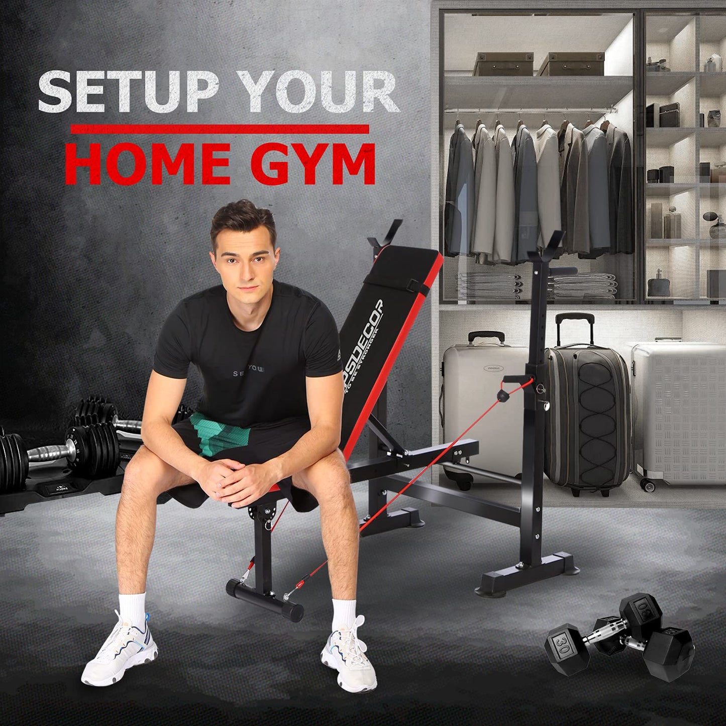OPPSDECOR 6 in 1 900LBS Weight Bench with Leg Extension and Leg Curl, Foldable Bench Press Set and Squat Barbell Rack with Preacher Curl, Adjustable Workout Bench for Home Gym Strength Training PXZXYX1 (Black)