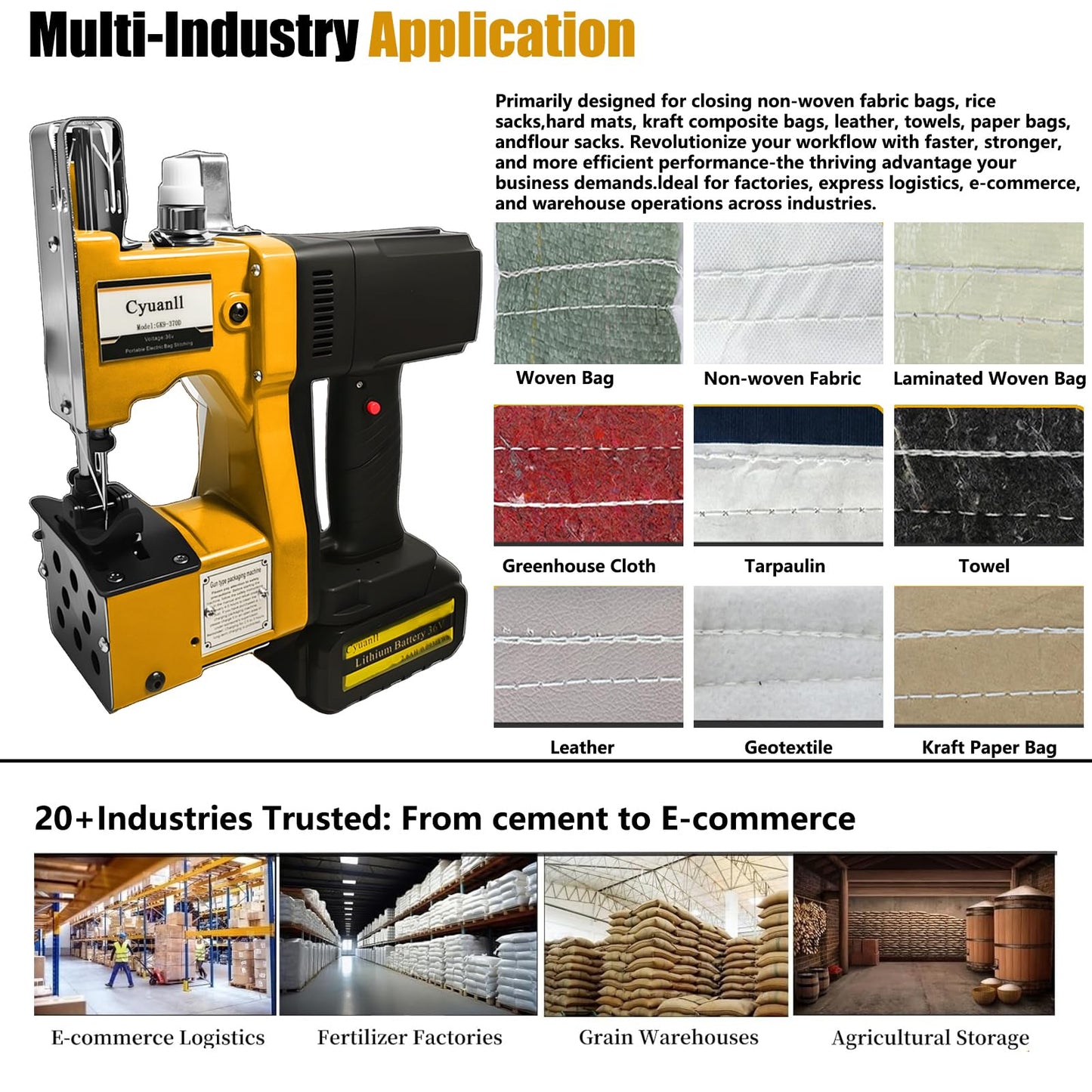 Bag Sewing Machine-Portable Battery Handheld Cordless Bag Sewing Machine,Automatic Bag Stitcher With Thread for Burlap Sack, Canvas,Feed Sacks,Rice Bags,Jute Bags,Seed Bags(Machine+1 battery)-Yellow