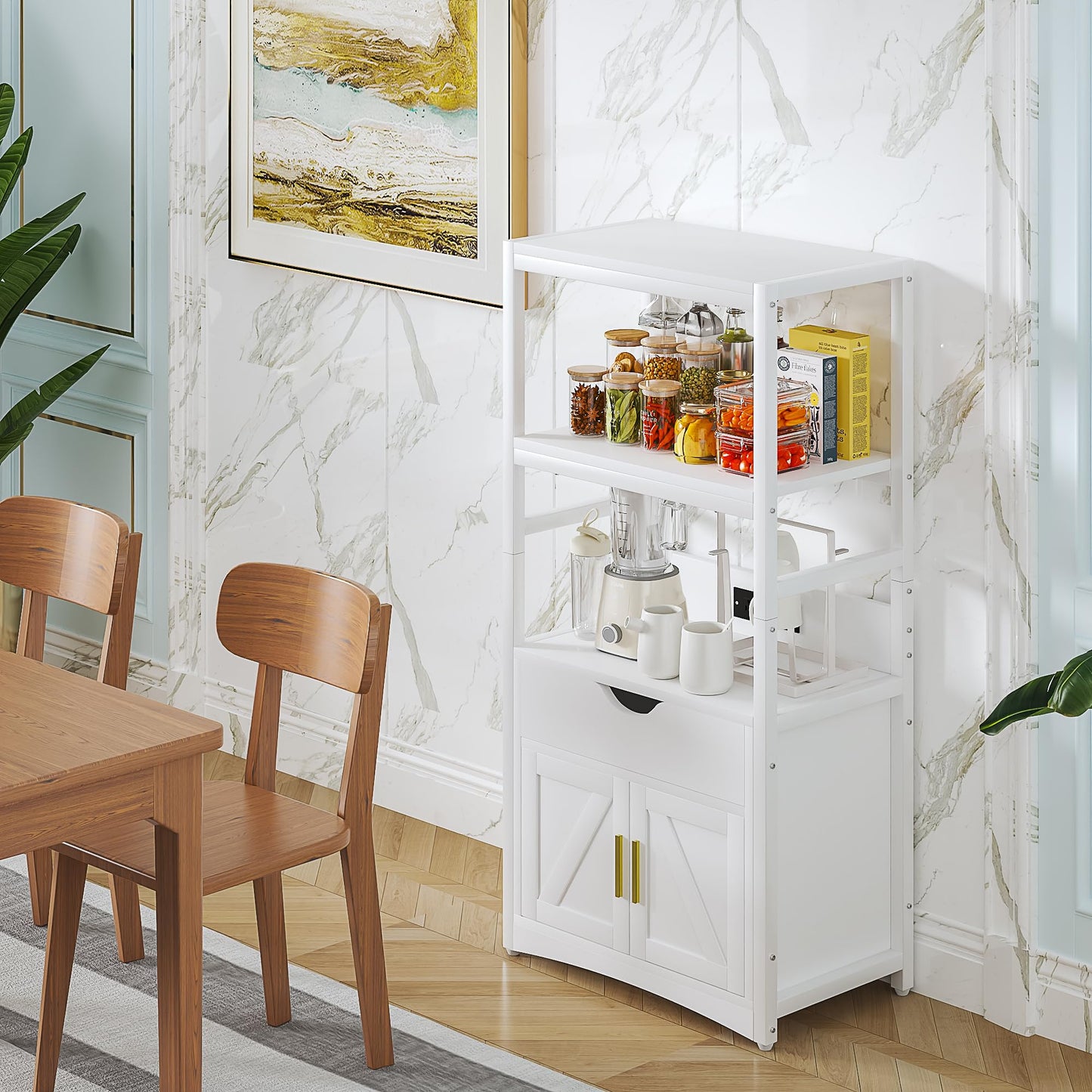 VECELO Kitchen Pantry Cabinet with Charging Station, Freestanding 2-Tier Storage Cupboard, Extra Tall & Wide Microwave Shelf, Farmhouse Style with Drawer, White