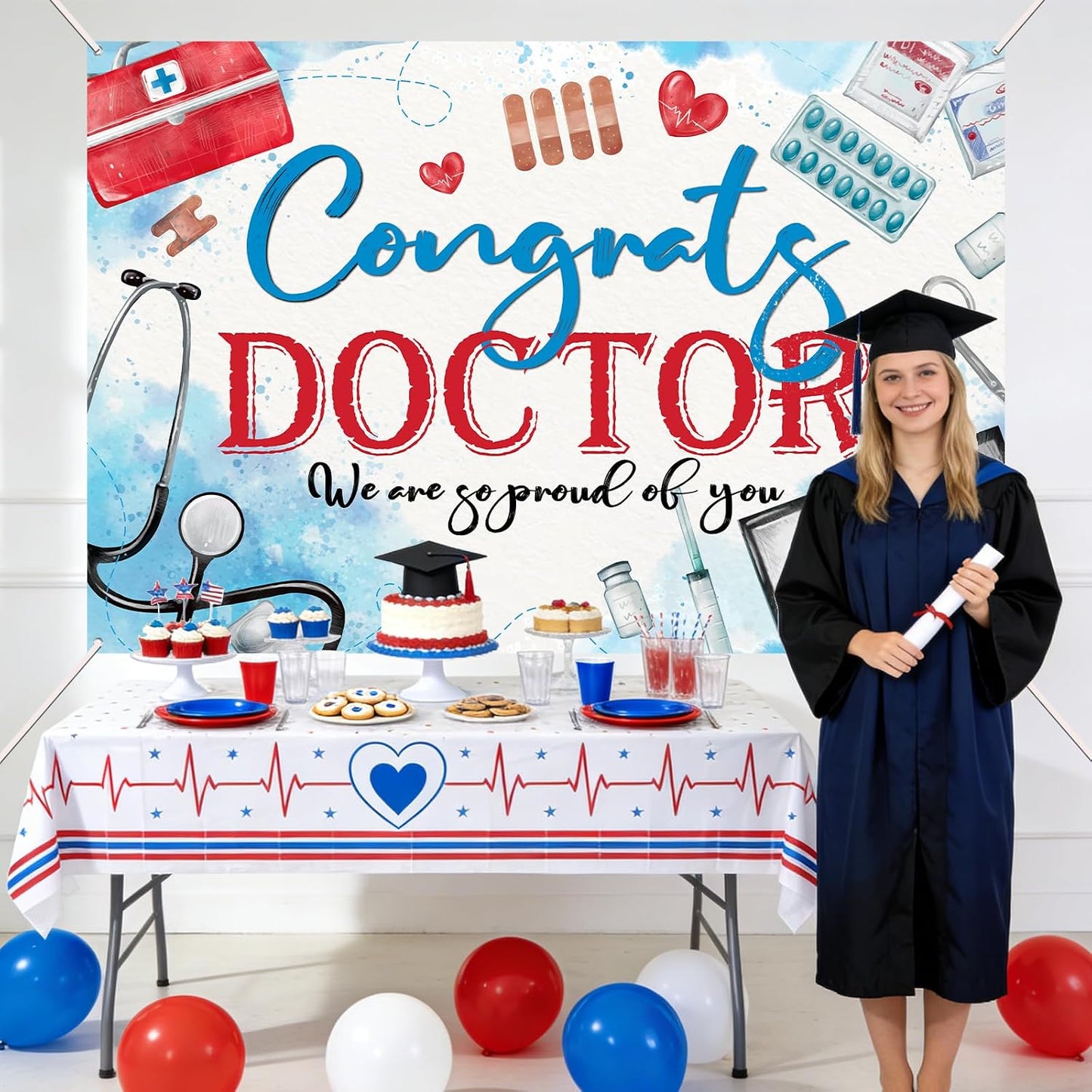 JIFORUI 4x6ft Graduation Congrats Doctor Banner Party Decorations, Medical Graduation Party Supplies, MD Nursing School