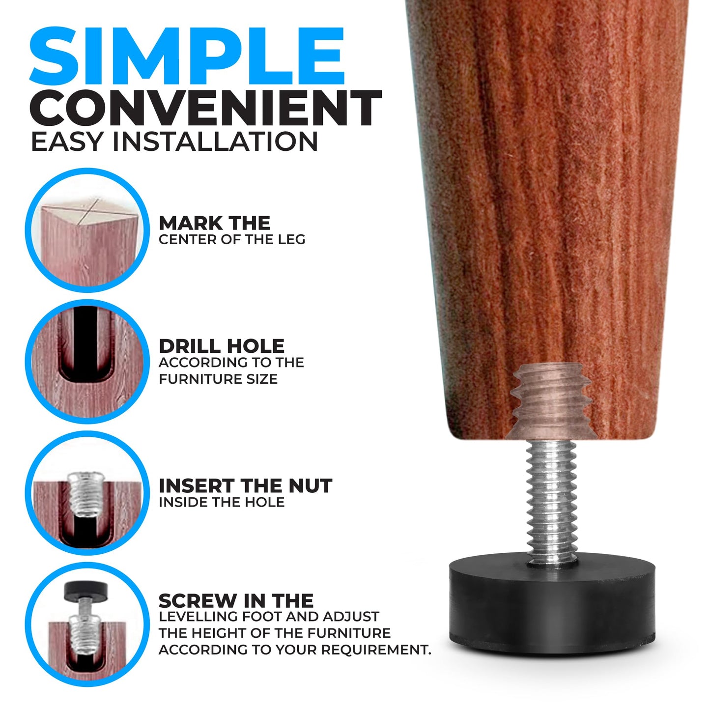 12 Pack All-Rubber 1/4"-20 UNC Leveling Feet with Inserts, Adjustable Levelers for Table Chair Stool Legs - 0.35" to 0.85" Height Range, Anti-Slip