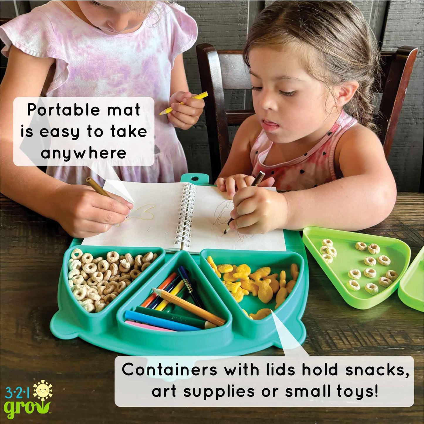 321 Grow Silicone On-The-Go Snack Mat – Foldable Reusable Placemat with 3 Compartments and Lids – Travel-Friendly Baby and Toddler Snack Plate – Dishwasher Safe (Aqua)
