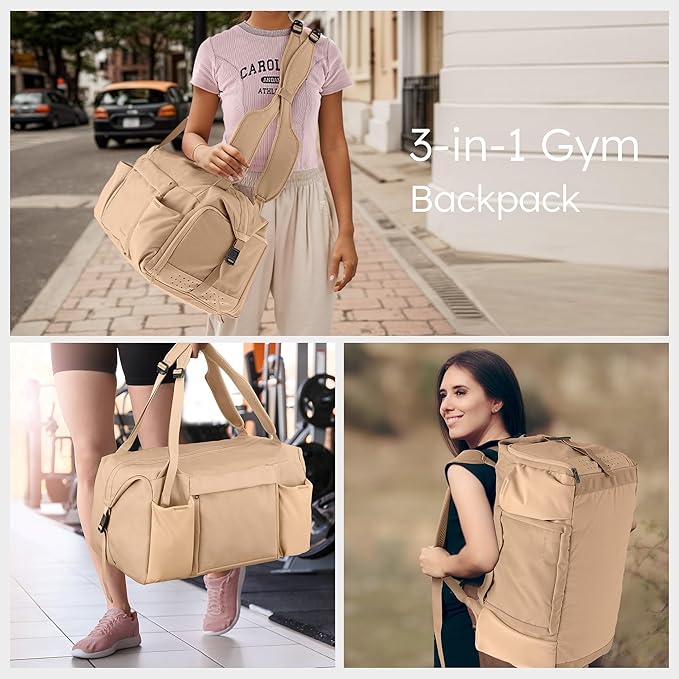 Gym Bag for Men with Shoes Compartment and Wet Pocket Convertible Duffle Bag and Gym Backpack Waterproof Sports Bag with 2 Bottle Holders Weekender Overnight Bag - Khaki