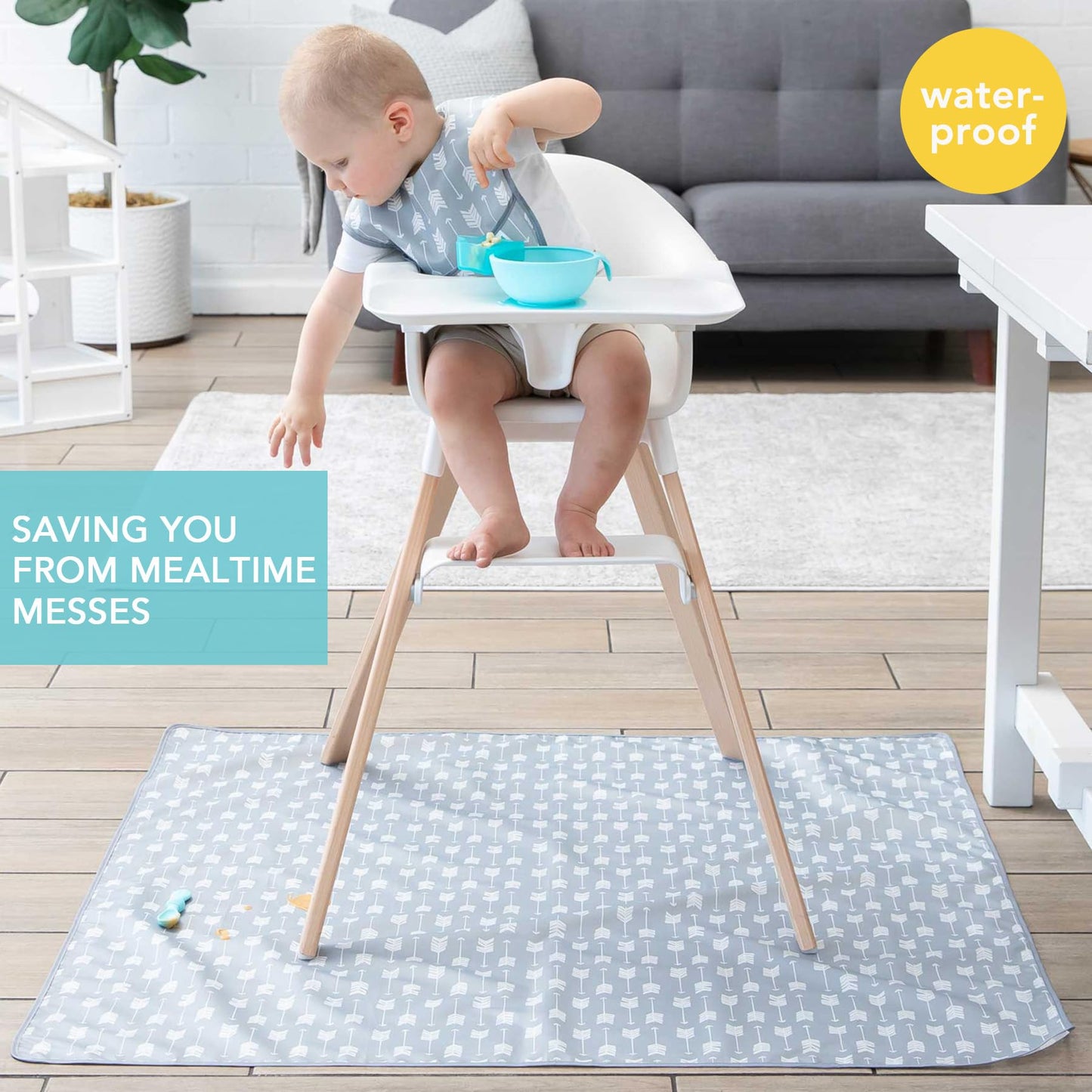 Bumkins Baby Splat Mat for Under High Chair, Babies Toddlers Eating Mess Mat, Waterproof Reusable Cloth for Arts and Crafts, Playtime Mat for Kids, Floors or Tables, Fabric 42inx42in, Gray Arrows