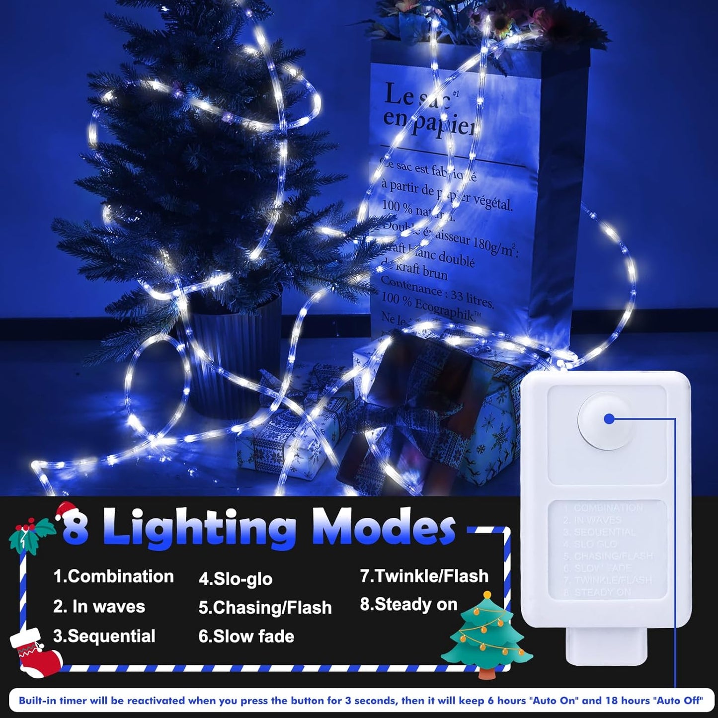 Skiennix 200ft LED Rope Lights - Waterproof Flexible Tube Lighting with 8 Modes | White & Blue for Outdoor Decor