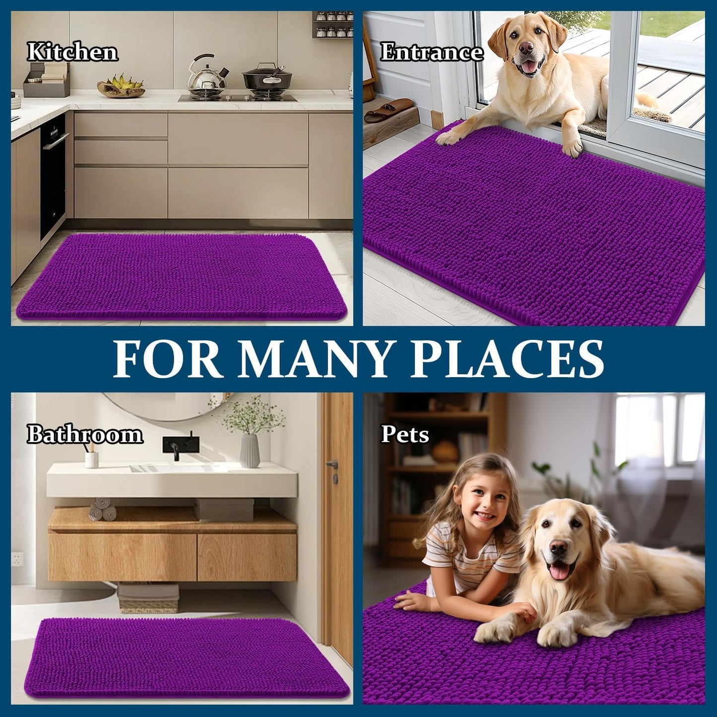 OLANLY Dog Door Mat - Absorbent Non-Slip Chenille Mat for Muddy Paws | 24x16 Inches, Purple
