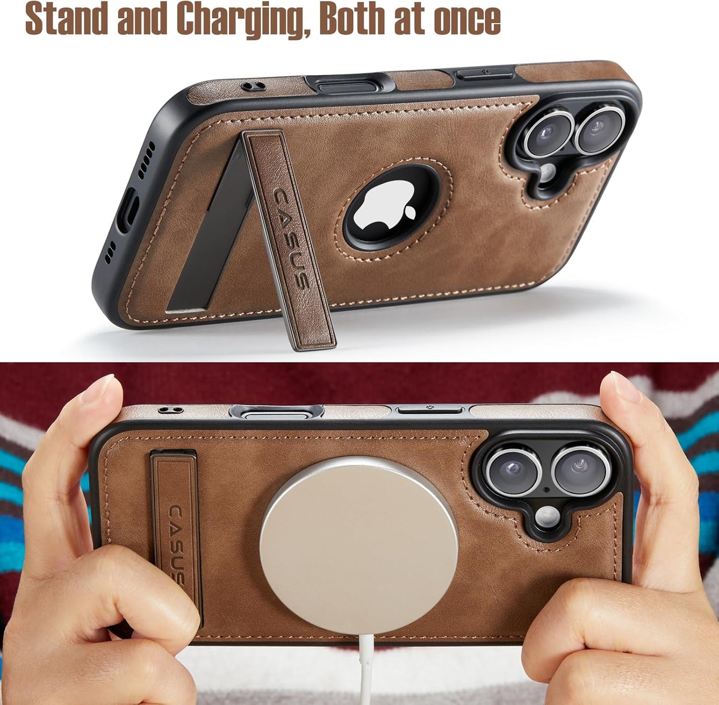 C Casus 17 6.3 Inch (2025), Casus for iPhone Case with MagSafe, Slim Kickstand Vegan Leather Protective Cover