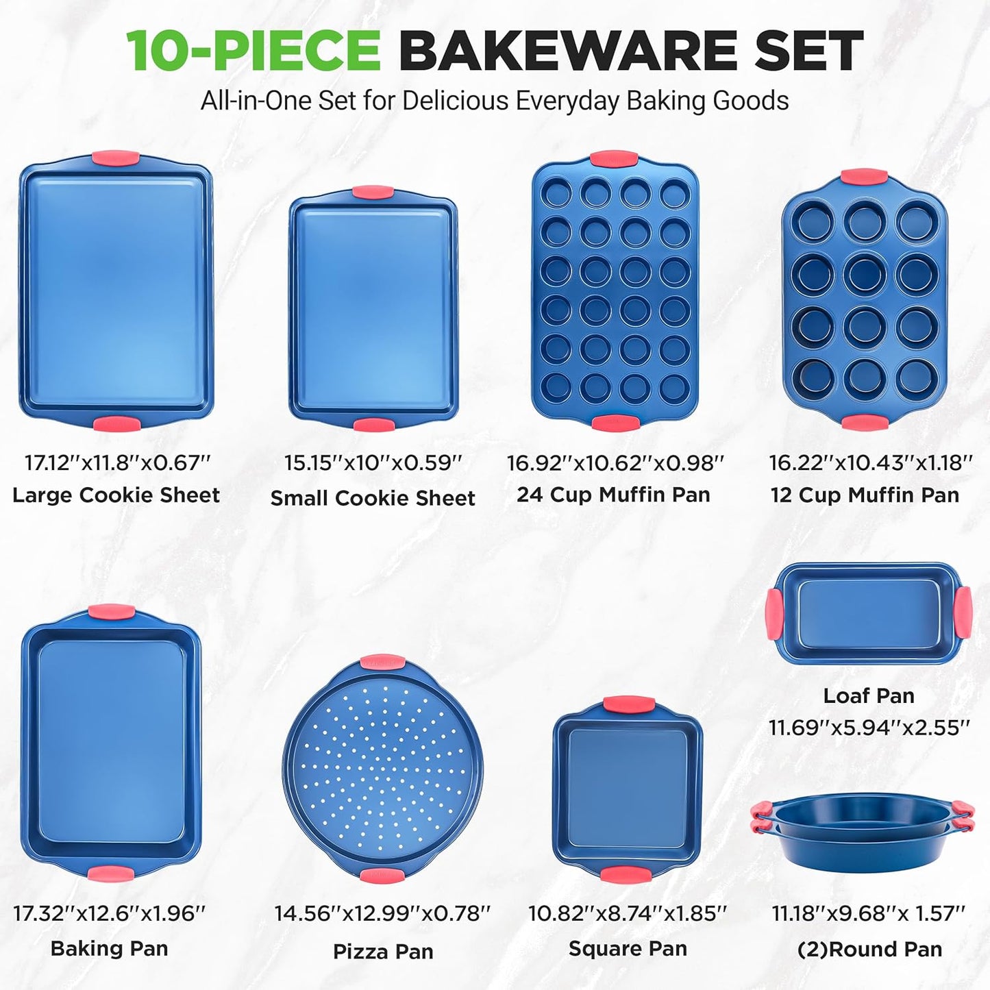 NutriChef 10-Piece Nonstick Bakeware Set - Premium Carbon Steel Pans with Silicone Handles | Includes Pizza Tray, Muffin Pans, Cookie Sheets & More - Blue
