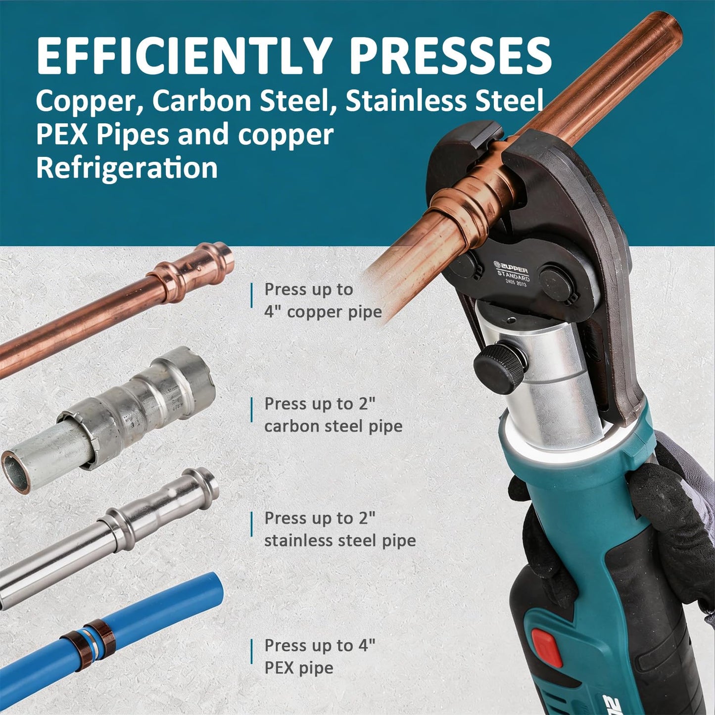 ZUPPER Press Tool,18V Electric Copper Crimper Tool with 6 Copper Press Jaws 1/2" to 2" Standard Copper Press Tool Kit Compatible with Propress Fittings,2PCS 4AH Batteries, Fast Charger & Carrying Case