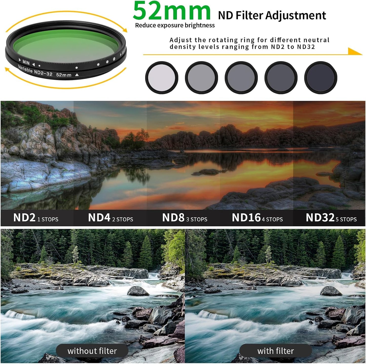 Beysfilter 52MM ND2-32 16/15/14/13 Variable Filter for Phone, Multi-Coating Clip-On Variable Neutral Density Lens Kit