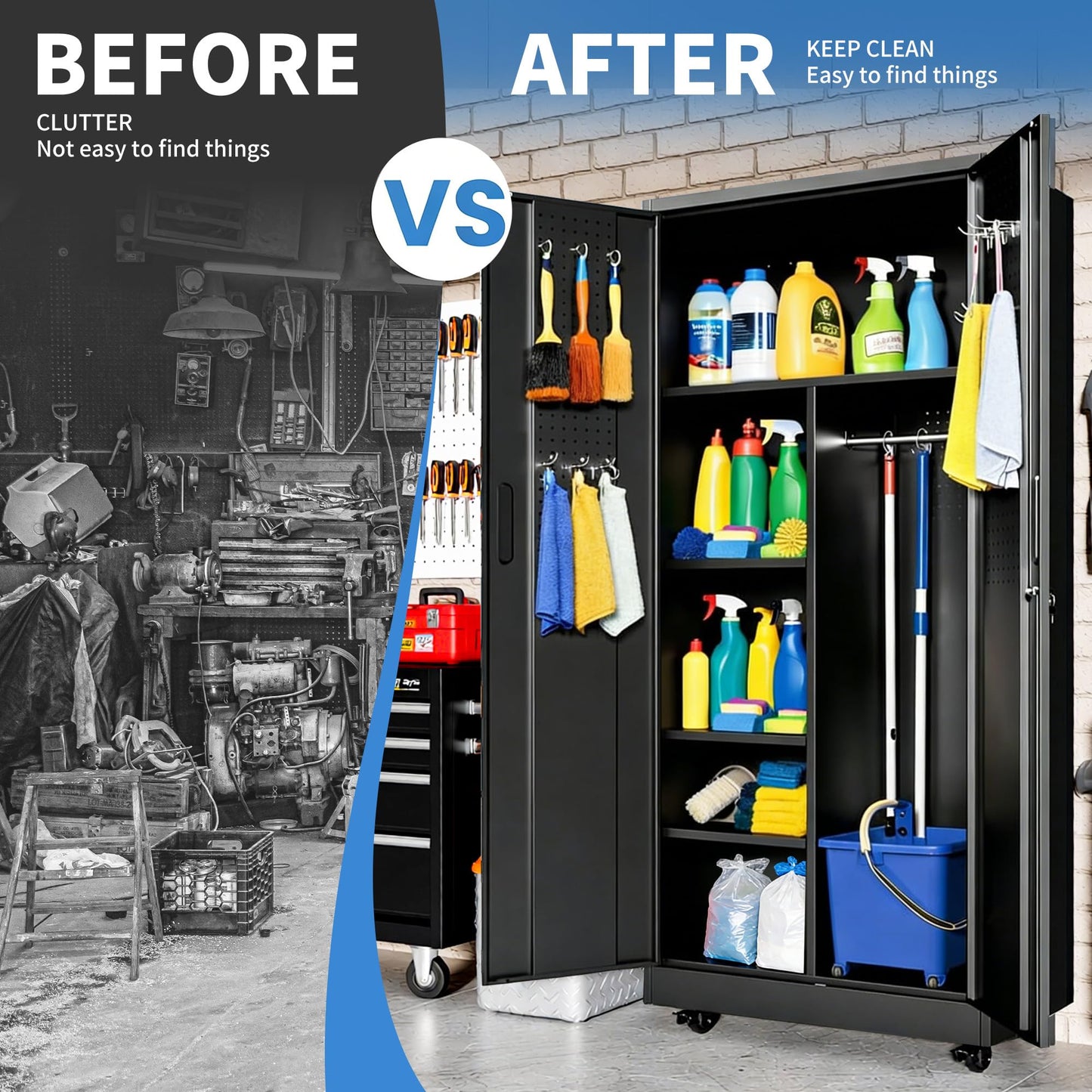 BIZOEIRON Metal Garage Storage Cabinet with Pegboard and Hanging Rod, 71'' Tall Metal Broom Closet Storage Cabinets, Rolling Tool Cabinet on Wheels for Garage, Utility Room (Black)