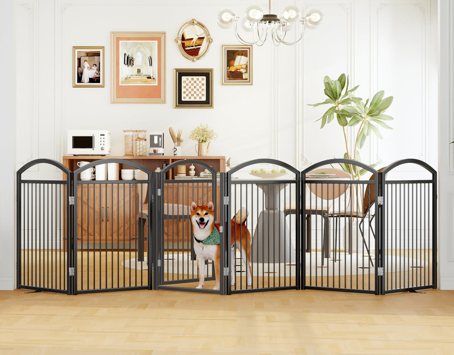 THKKY Folding No-Assembly Freestanding Dog Gate with Door,32" Heights Foldable Pet Fence,144" Extra Wide Accordion Puppy Folding Playpen for Doorways,House,Stairs (6 Panels,Black)