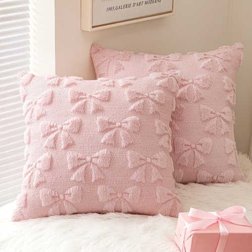 MIULEE Light Pink Bow Pillow Covers - Soft Plush Decorative Set of 2 for Coquette Room Decor | 18x18 Inch