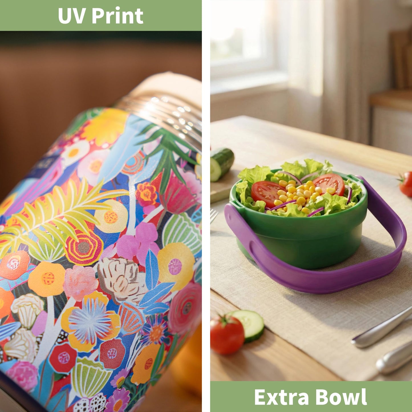 MAGRACE Vaccum Insulated Food Jar - Boho Floral Thermal Lunch Container for Office Outdoor Hot & Cold Meals, Wide Mouth Thermo for Adult, W/Foldable Spoon (Tropical)