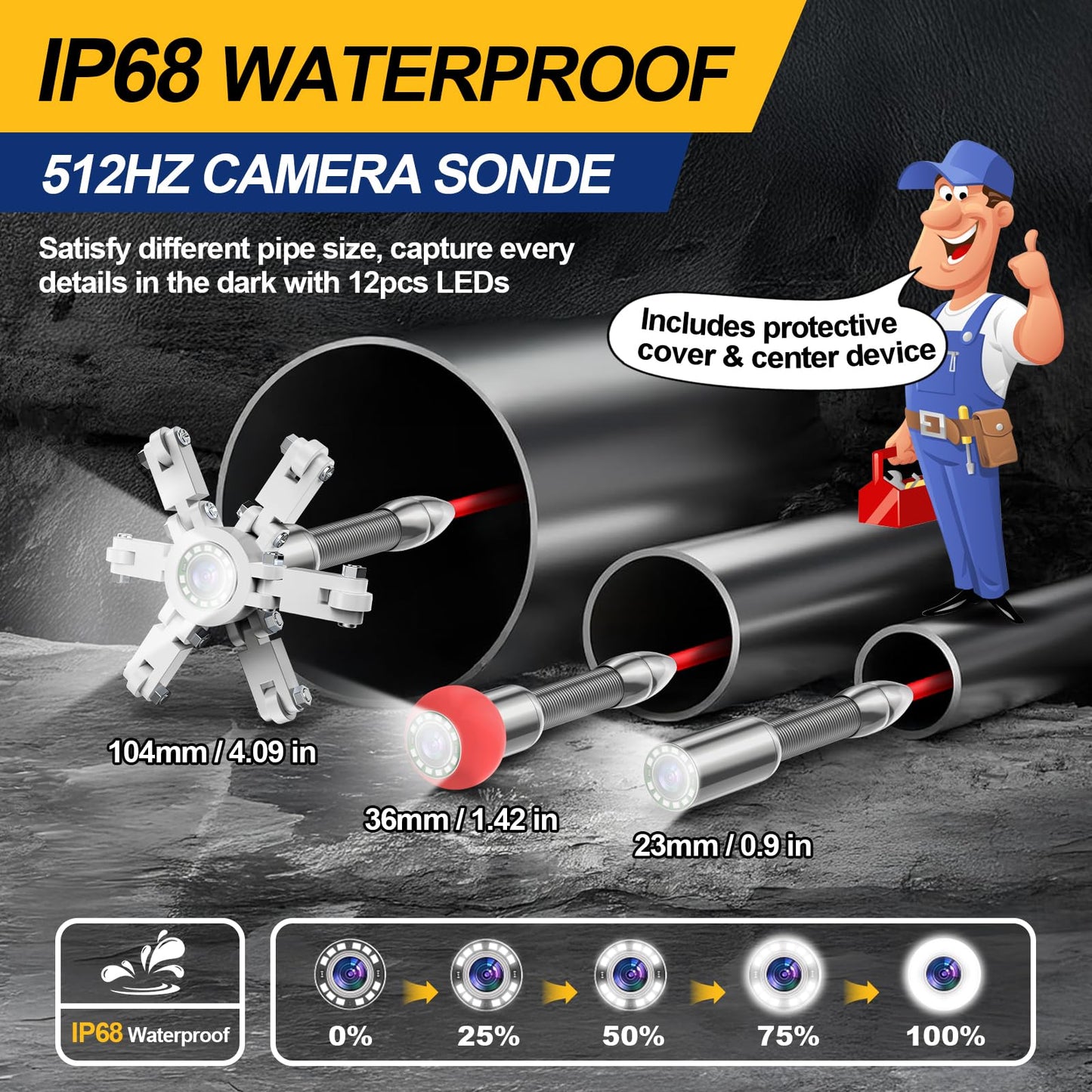 Anysun All in 1 Sewer Camera with Locator & Wheels & Pull Handle, 7MM Cable, Self Leveling, Distance Counter, 32GB Card, 9'' HD Monitor, Pipe Drain Inspection Camera IP68 Borescope (300FT/91.5M)