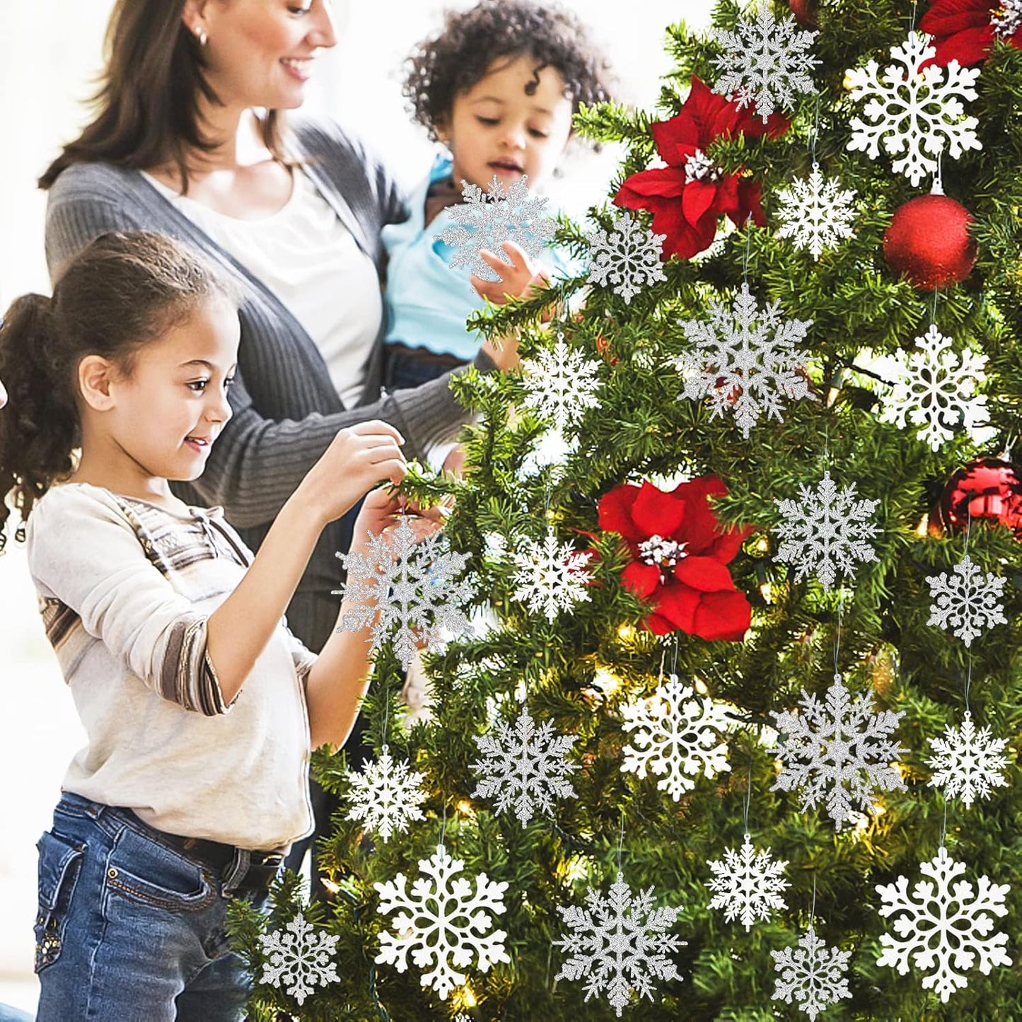 Skiennix Christmas Snowflake Ornaments - 36Pcs Glittering Plastic Hanging Decor for Winter Wonderland