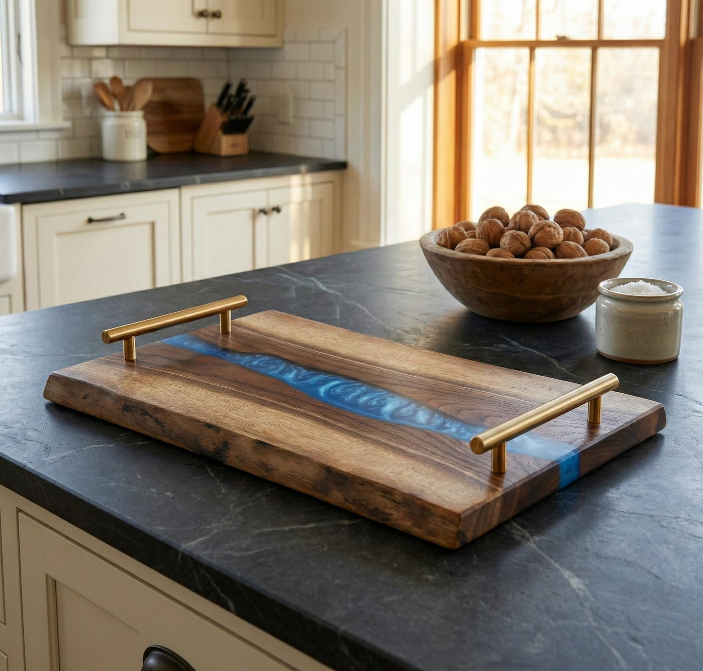 DYARI Black Walnut & Resin River Charcuterie Board 17.5" - Live Edge Wood Serving Platter - Personalized Epoxy Cheese Board with Optional Handles & Engraving - Custom Wedding & Housewarming Gift