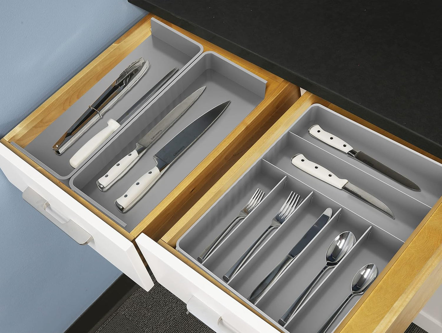 Simple Houseware Flatware Organizer - Adjustable Gray Cutlery Tray with 9 Compartments for Utensils
