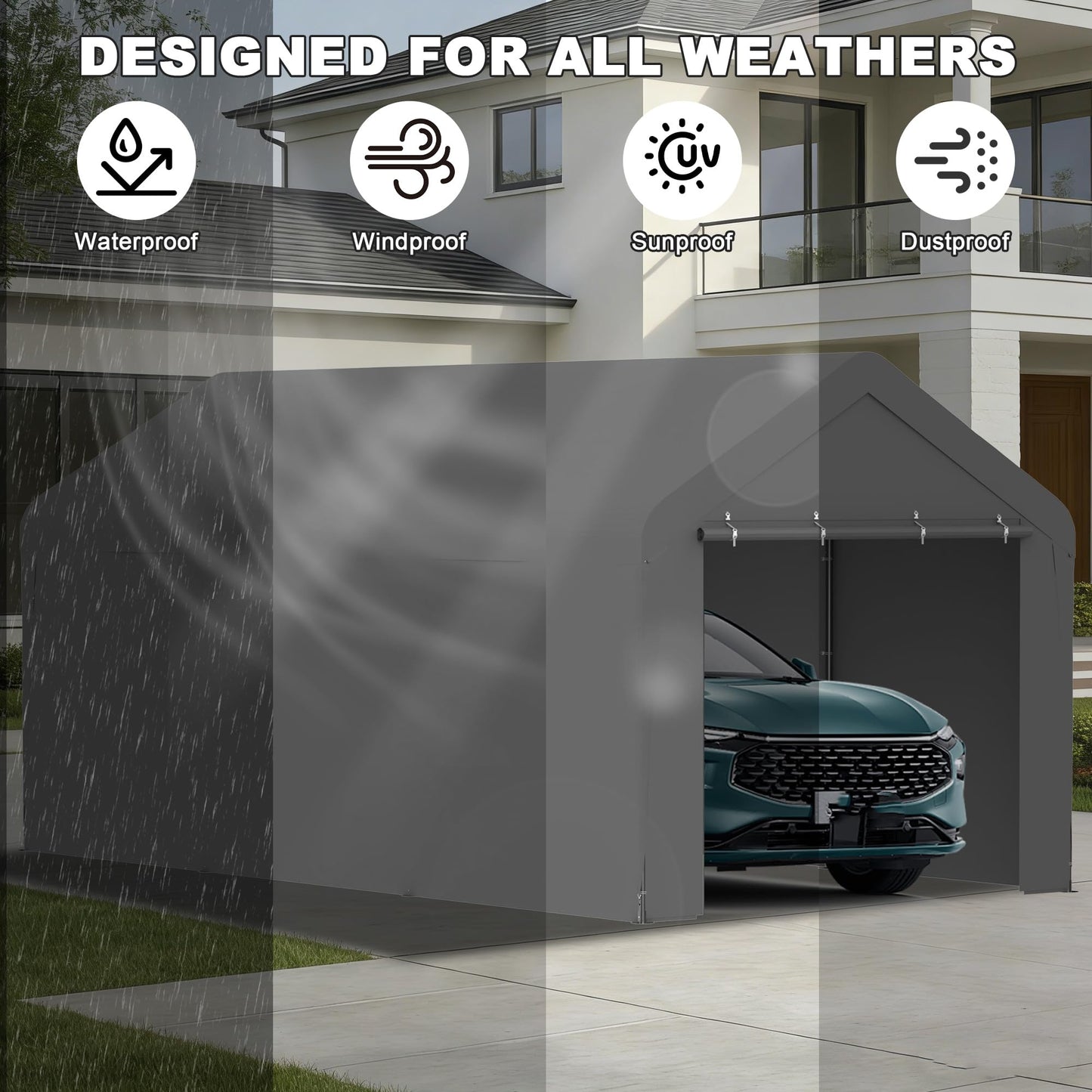 Carport 10 x 20 FT Heavy Duty, Portable Garage Canopy, Waterproof Car Canopy with Side-Opening Removable Door, Carport Canopy for Car, Truck, Boat, Equipment (Grey)
