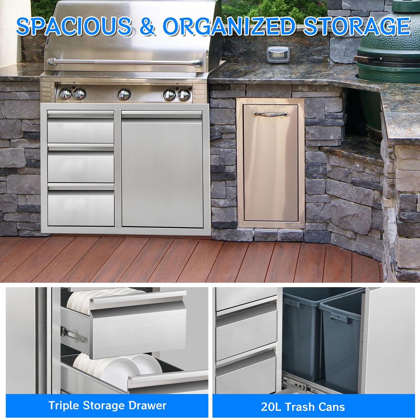 Duluciate Outdoor Kitchen Drawer Combo, Stainless Steel Triple Drawer Cabinet with Built-in Trash Bin Drawer & Two Trash Cans, 28" W x 22" H x 19.5" D Outdoor Kitchen Storage for BBQ Grill Islands