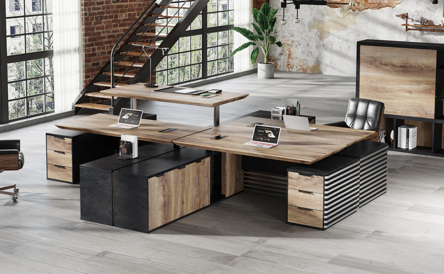 70.87IN Adjustable Heigh L Shaped Executive Desk with Drawers, Modern Executive Standing Home Office Desk w/Universal Charging Ports, Large Business Workstation w/Cord Management,Black and Warm Oak