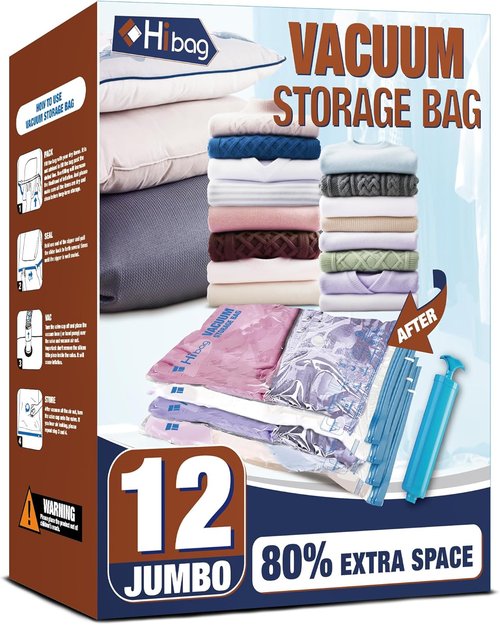 HIBAG Jumbo Vacuum Storage Bags - 12 Space-Saving Bags for Clothing, Comforters & Bedding