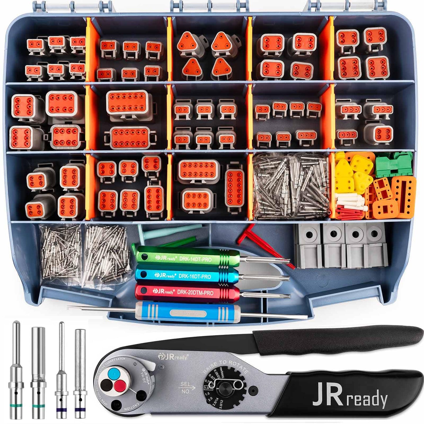 JRready ST6437 Deutsch Connector Kit, DT DTM Connectors 2 3 4 6 8 12 Pin with Turret Style Crimping Tool, Size 16 20 Solid Pins Wire Gauge 14-22AWG, 14AWG Yellow Seals and Removal Tools