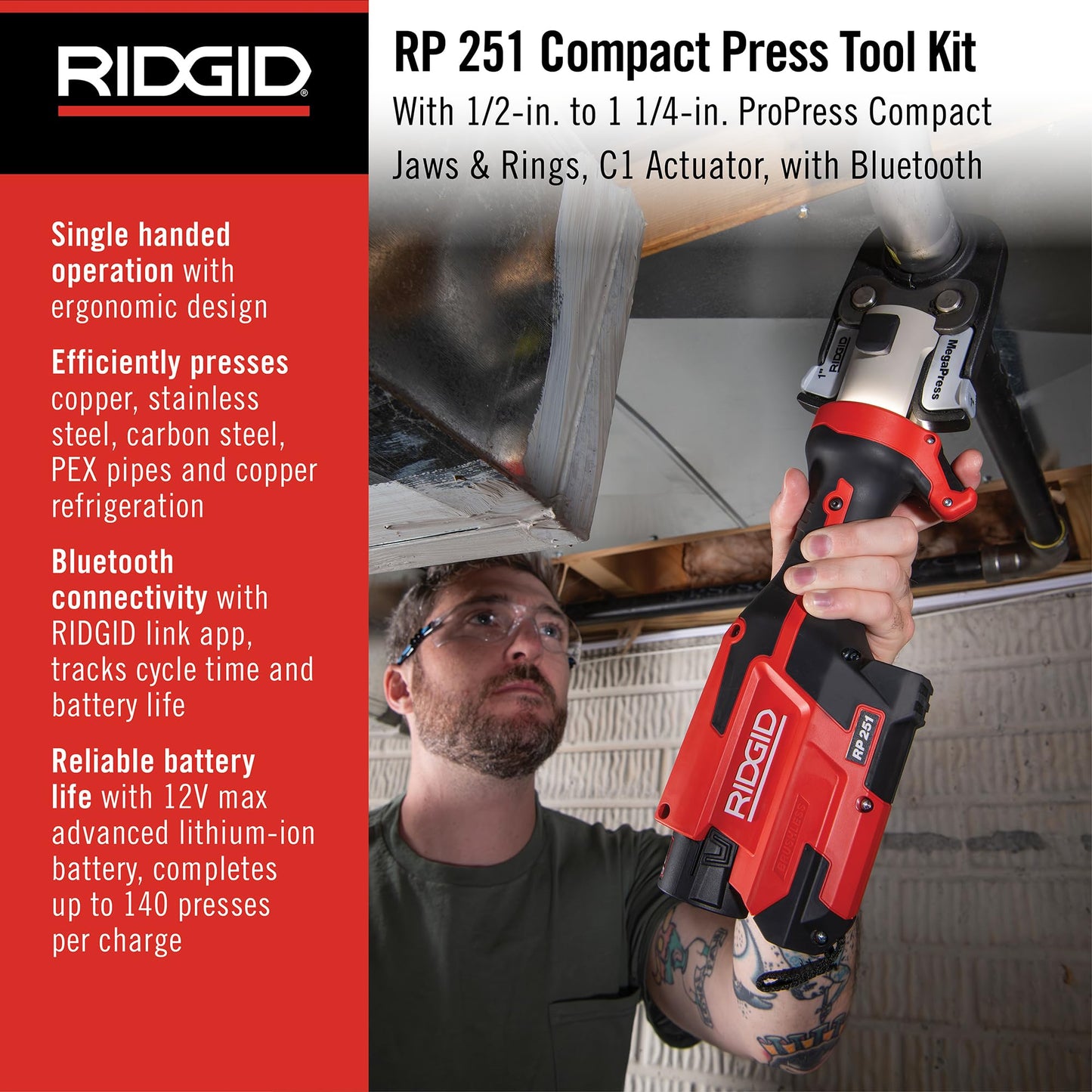 RIDGID 78208 RP 251 Compact Press Tool Battery Kit with ProPress Rings and Jaws (1/2" to 1-1/4") and C1 Actuator, In-Line Pressing Tool for Copper, Stainless Steel, PEX, and Carbon Steel