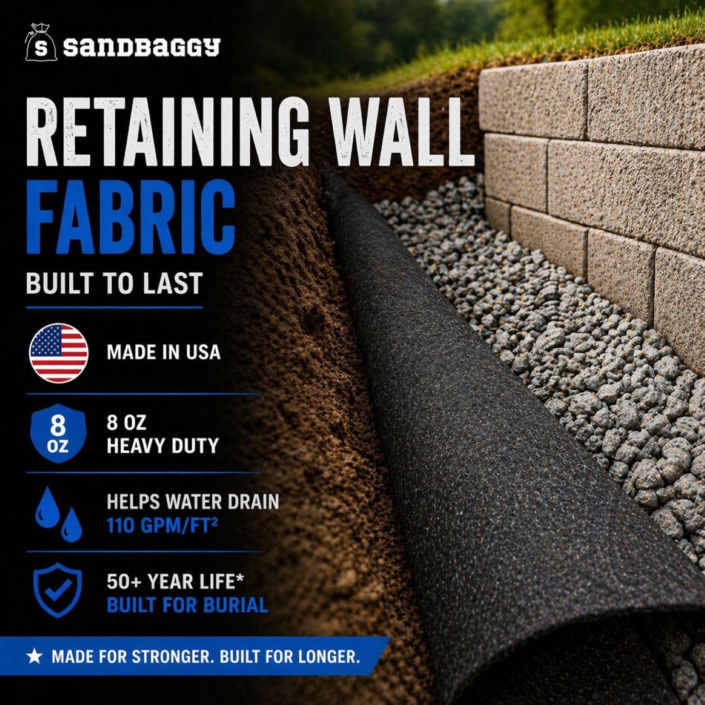 Sandbaggy Retaining Wall Fabric | Non-Woven Geotextile Filter Fabric (8 oz) – Drainage Fabric for Behind Retaining Walls & Landscape Use – USA Made (15 ft x 50 ft Roll)