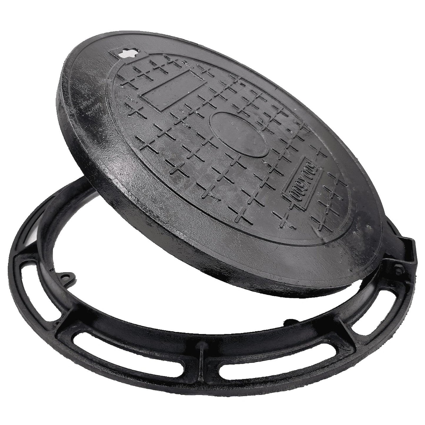 DuuMuut 16 in Cast Iron Manhole Cover and Frame for 15" Corrugated Pipe, B Class 28100 lbs Heavy-Duty Driveway Septic Tank Lid with Base, Round Black Anti-Slip Inspection Well Cover (True 15.8" ID)