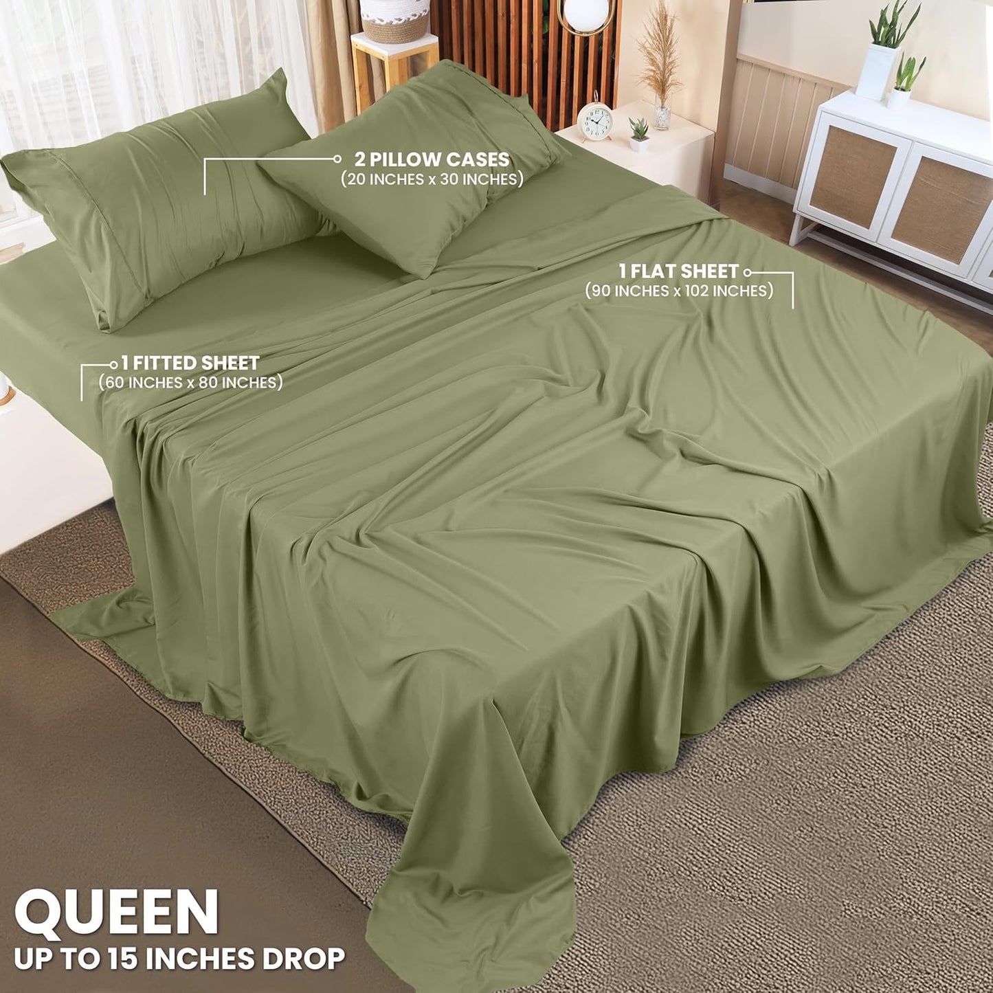 Utopia Bedding Queen Size Sheet Set - Soft, Breathable Microfiber in Olive | 4-Piece with Fitted & Flat Sheets, 2 Pillowcases