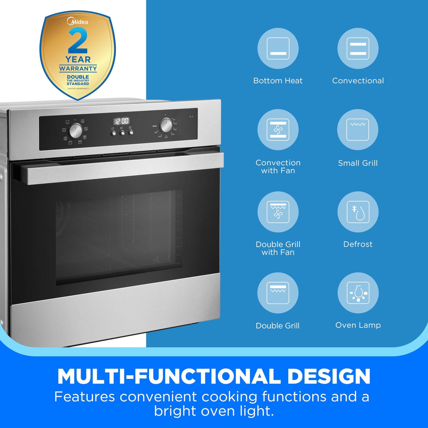 Midea 24" Single Electronic Wall Oven, 2.5 Cu. Ft.-Capacity, Built-in Oven with 8-in-1 Cooking Modes, Stainless Steel