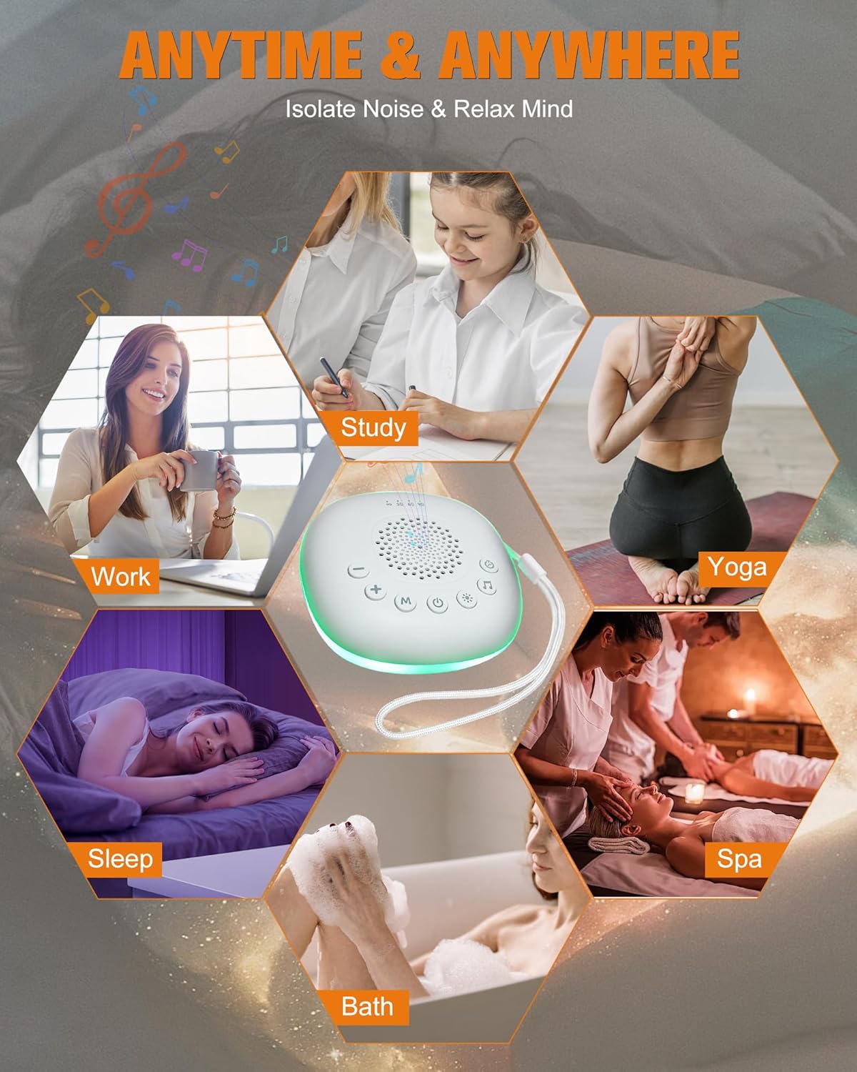 White Noise Sound Machine - Portable Sleep Aid with 20 Soothing Sounds & 9-Color Night Light