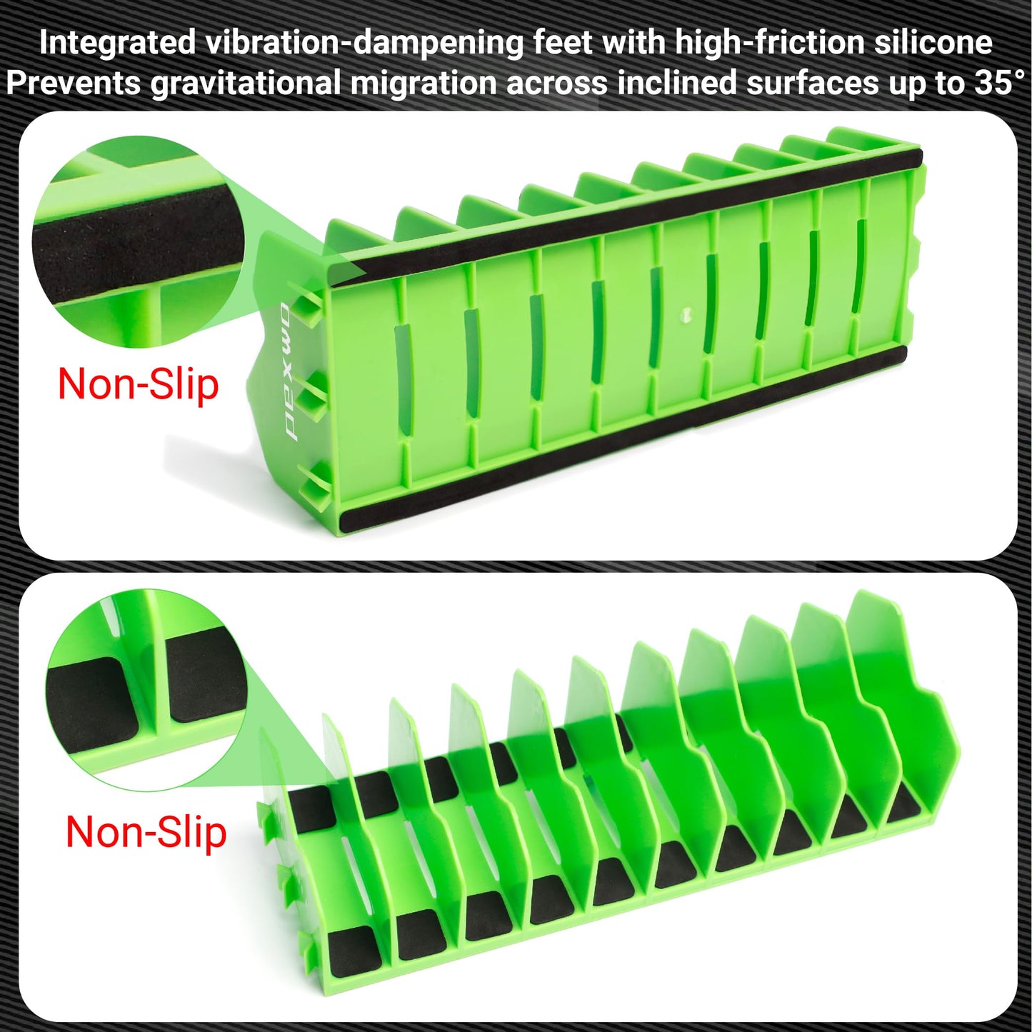 pexwo Plier Organizer & Rack (2-Pack, High-Vis Green) – 20-Slot Tool Storage for Toolbox Drawers – Non-Slip Rubber Base, Interlocking Modular Holders for Pliers, Cutters & Snips