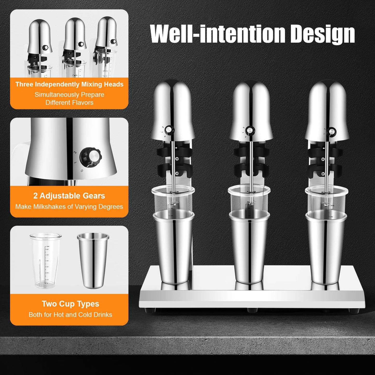 NenoBeo 3 Heads Milkshake Mixer Commercial Drink Mixer Machine,Stainless Steel Triple Head Milkshake Maker with 18000RPM High Speed Motor,Milk Tea Smoothie Mixer for Cafe Restaurant Ice Cream Shop Bar