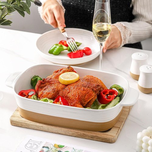 Hasense Ceramic Baking Dish - Non-Stick Lasagna Pan with Handle | 11.8x8.7 Inch, 3.4 Qt, White
