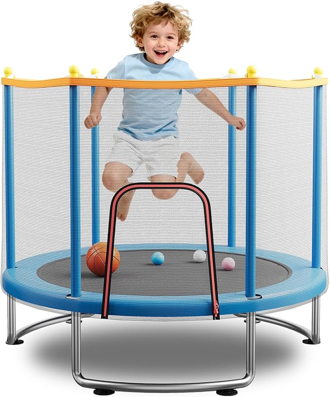 Kids Trampoline with Safety Net – 440lbs Capacity, Upgraded Rust-Proof Ring Legs, Adjustable Gymnastics Bar & Toys – Indoor Outdoor Toddler Trampoline for Boys & Girls Ages 1-8
