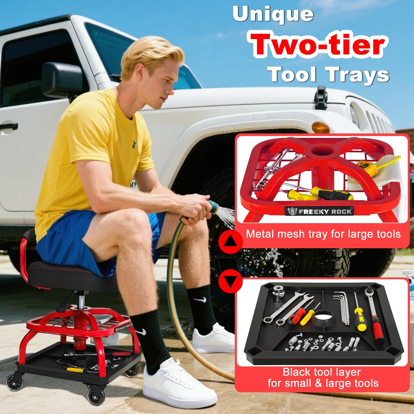 FREEKYROCK Rolling Shop Stool with Wheels, Garage Mechanic Shop Chair with Handle Backrest, Adjustable Height Work Stool, Roller Seat with Tool Tray Storage, Heavy Duty, 330 LBS Capacity, Red