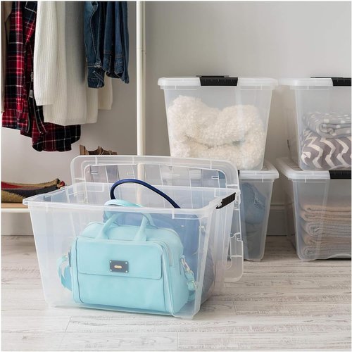 IRIS USA 54 Qt Stackable Plastic Storage Bins - BPA-Free, Durable Nestable Containers, 8 Pack - Clear with Lids