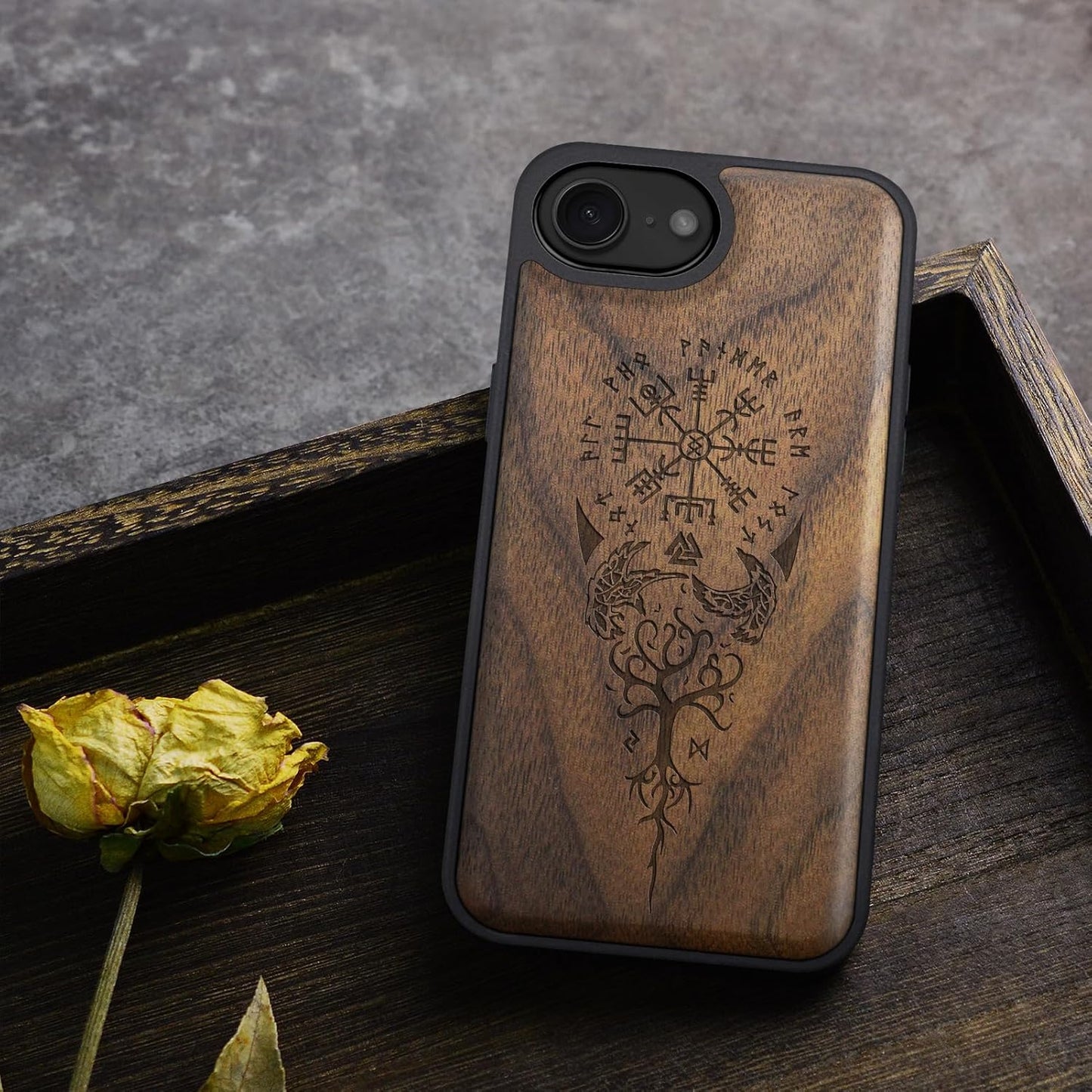 Carveit 16e 17e, Magnetic Wooden Case for iPhone / Solid Wood & Black TPU, Artisan Engraved Design, Shockproof Cover