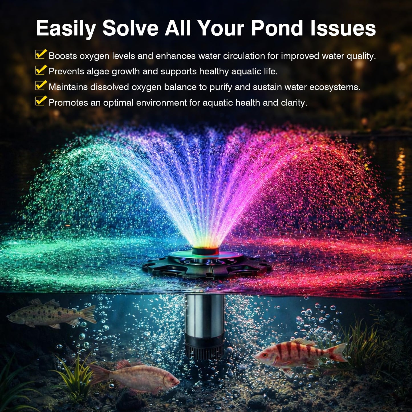 Pond Fountain Aerator, LED RGB Multicolor Aerator Floating Fountain Light, 750W 1HP 15000 GPH Floating Pump,IP68,for Ponds & Lakes