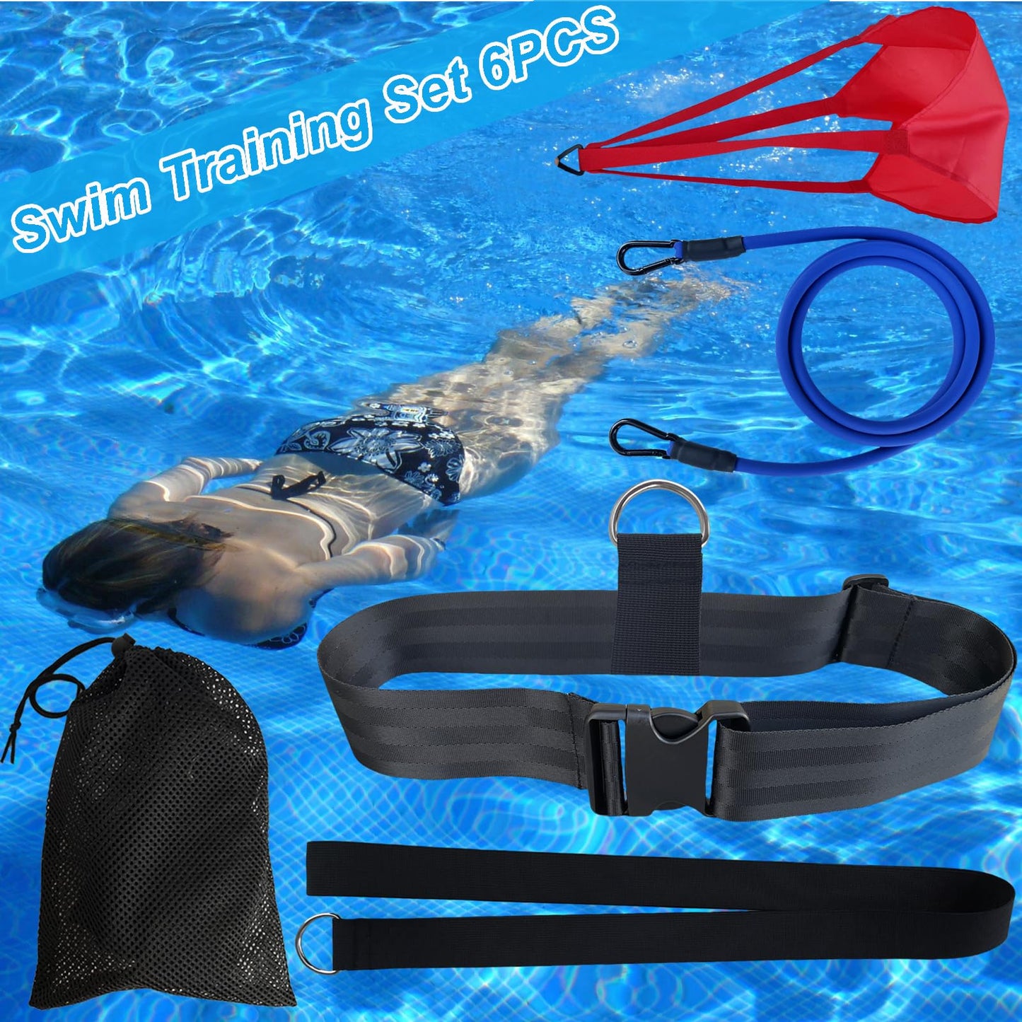 Swimming Resistance Training Set,Swimming Aquatic Resistance Belt,Swim Parachute,Pool Swim Harness Trainer,Stationary Swim Exercise Trainer Set, Swim and Pool Accessory