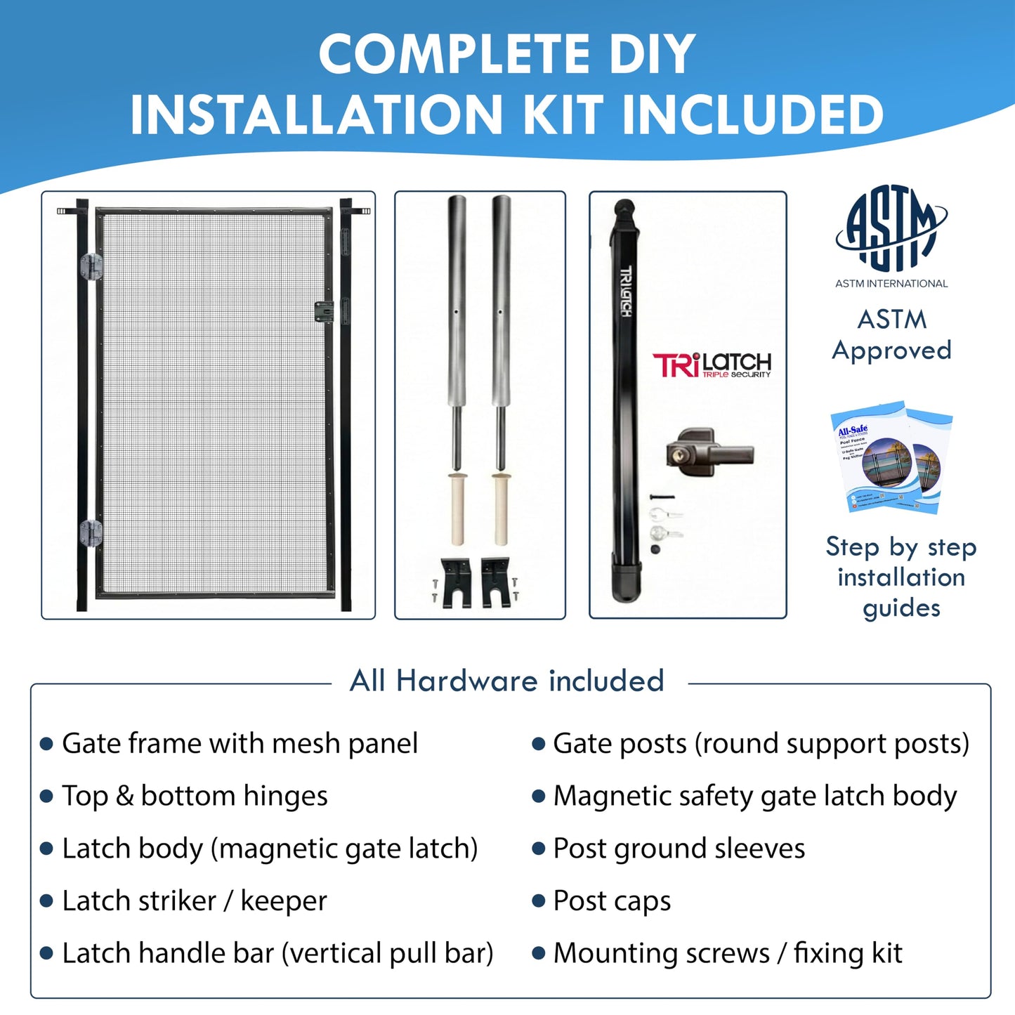Pool Fence Gate Kit : 4-Foot Black, Self-Closing, Lockable & Ready to Install, Complete DIY Safety Fence Gate