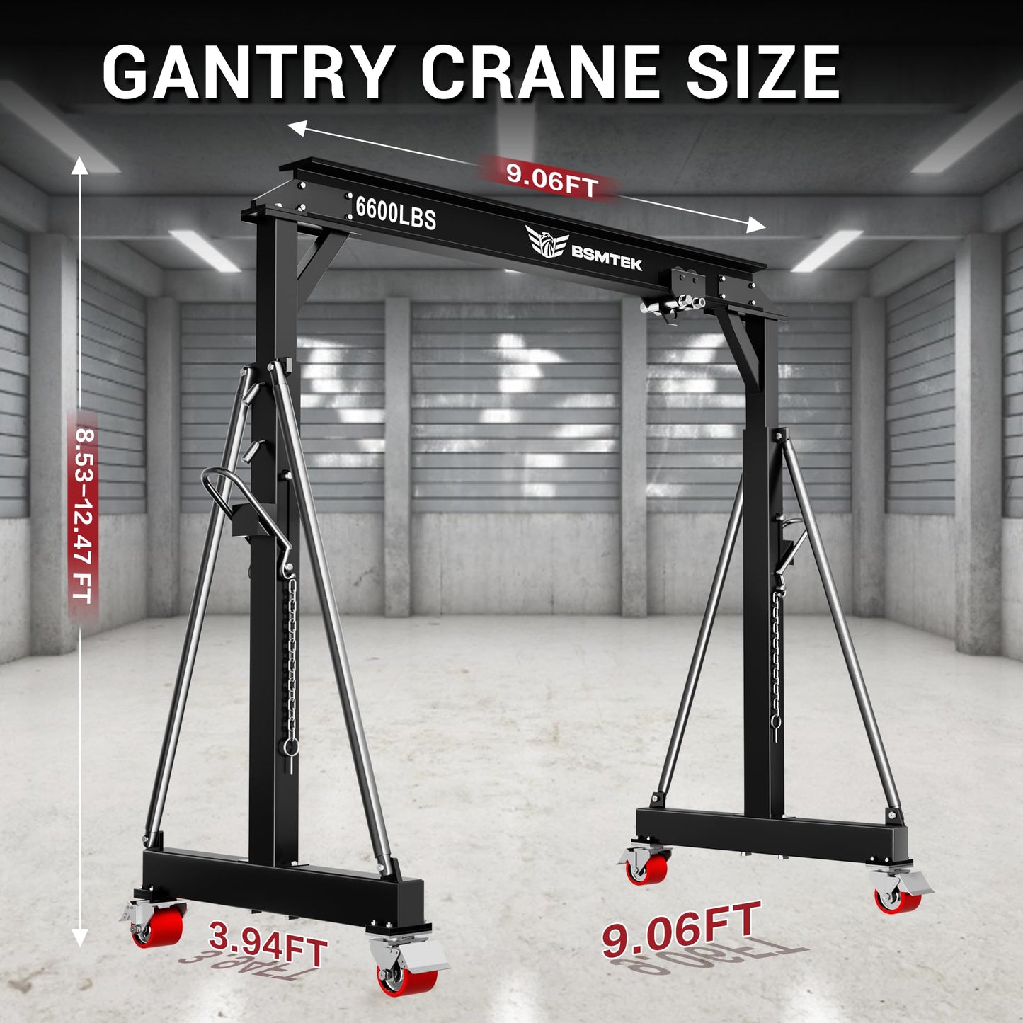 3 Ton MAX 6600LBS Gantry Crane, Adjustable Height (8.53-12.47 FT), Width (9.06 FT, Available 8.53FT), Steel I-Beam Construction, Portable Shop Hoist for Factories, Warehouses