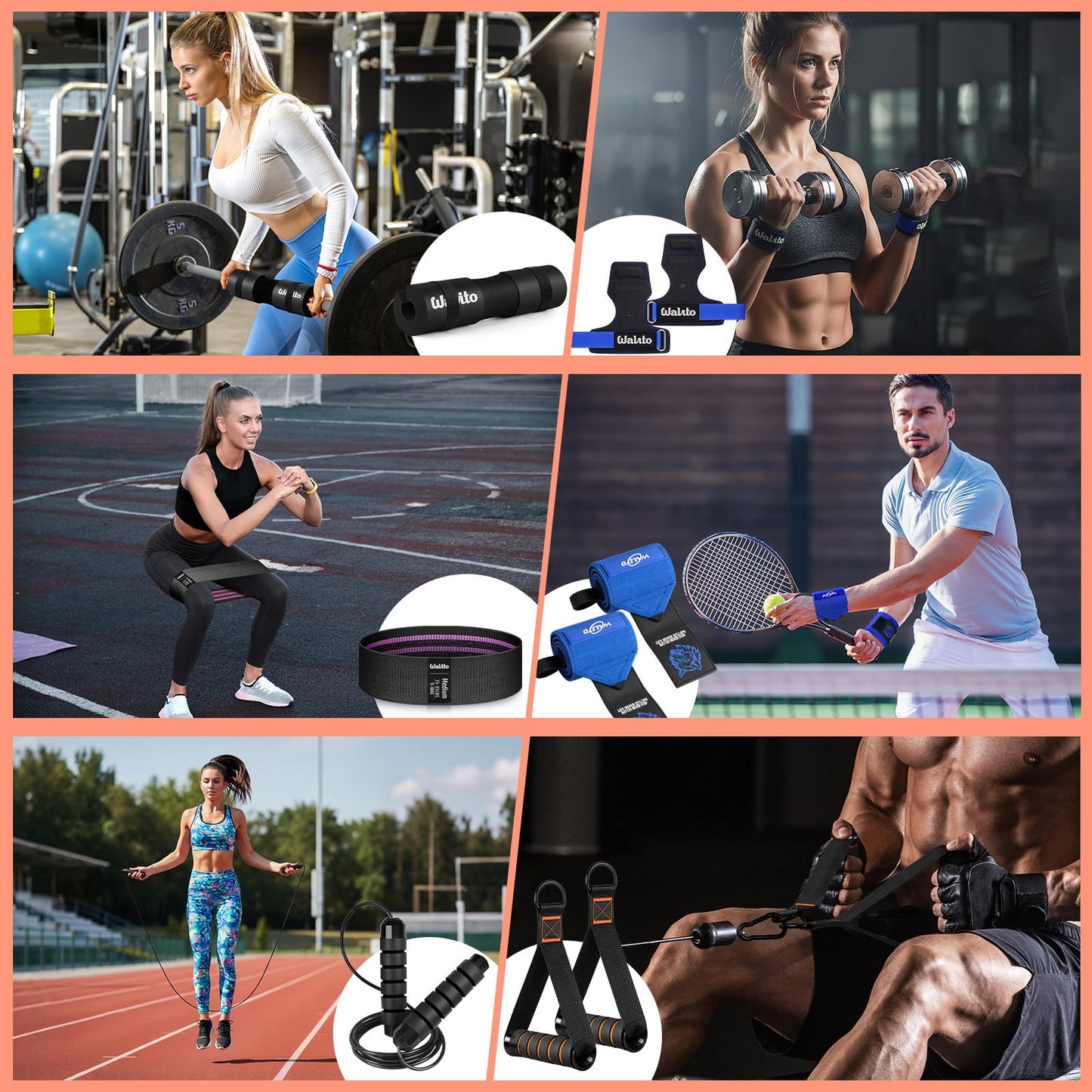 WALITO 8Pcs Barbell Pad Set for Hip Thrust - Squat Pad,Gym Accessories for Women with Bar Bad,Bench Press, with Gym Ankle Straps,Resistance Bands for Working Out,Lifting Strap,Carry Bag (Blue Black-10)
