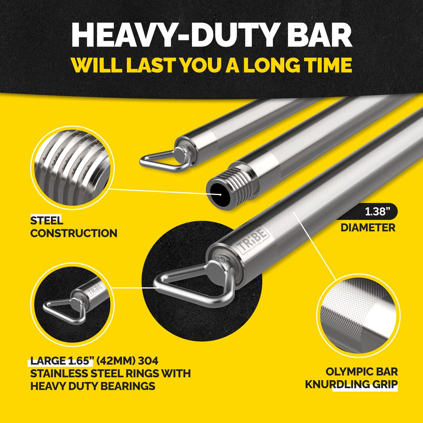 Tribe Lifting Resistance Band Bar - Heavy Duty Steel Bar for Resistance Bands - Resistance Bands Bar 3-Section Adjustable 39 to 27 Inch - Ball Bearing Swivel - Portable Home Gym Workout