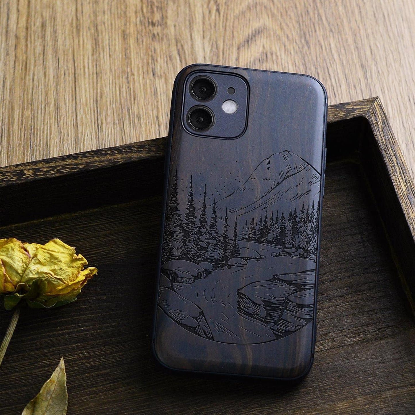 Carveit 12 Magnetic Wood Case for iPhone Case [Natural Wood & Black Soft TPU] Shockproof Protective Unique Wooden Cover